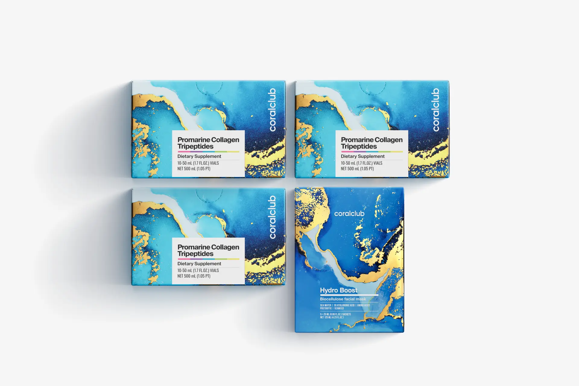 ნაკრები პრომარინის კოლაგენის ტრიპეპტიდები (1-თვიანი კურსი) და Hydro Boost ბიოცელულოზის სახის ნიღბები (5 საშე)